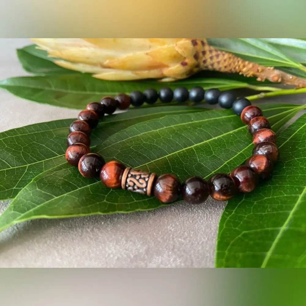 ALL THINGS BEAUTIFUL: Red Tiger Eye w/Matte Onyx Mens Bracelet (New)